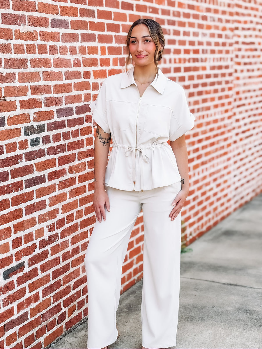Cream collared short sleeve pant set with gold detail