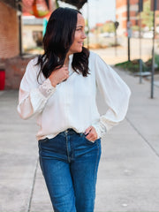 Cream satin crotchet detail women's blouse 