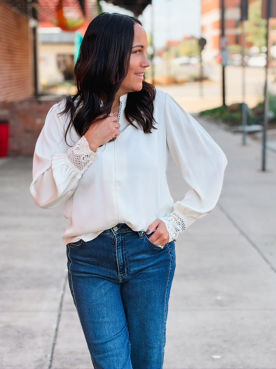 Cream satin crotchet detail women's blouse 