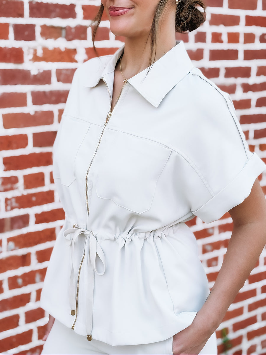 Cream short sleeve cinch waist  pant set with gold detail