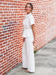 Cream short sleeve pant set with gold detail