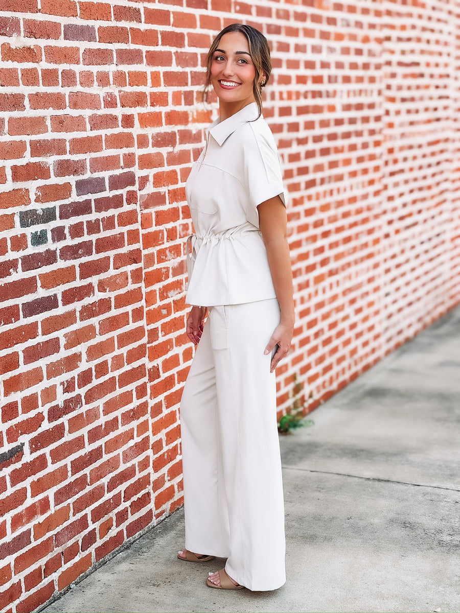 Cream short sleeve pant set with gold detail