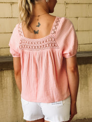 Pink Crochet Detail Peasant Top
