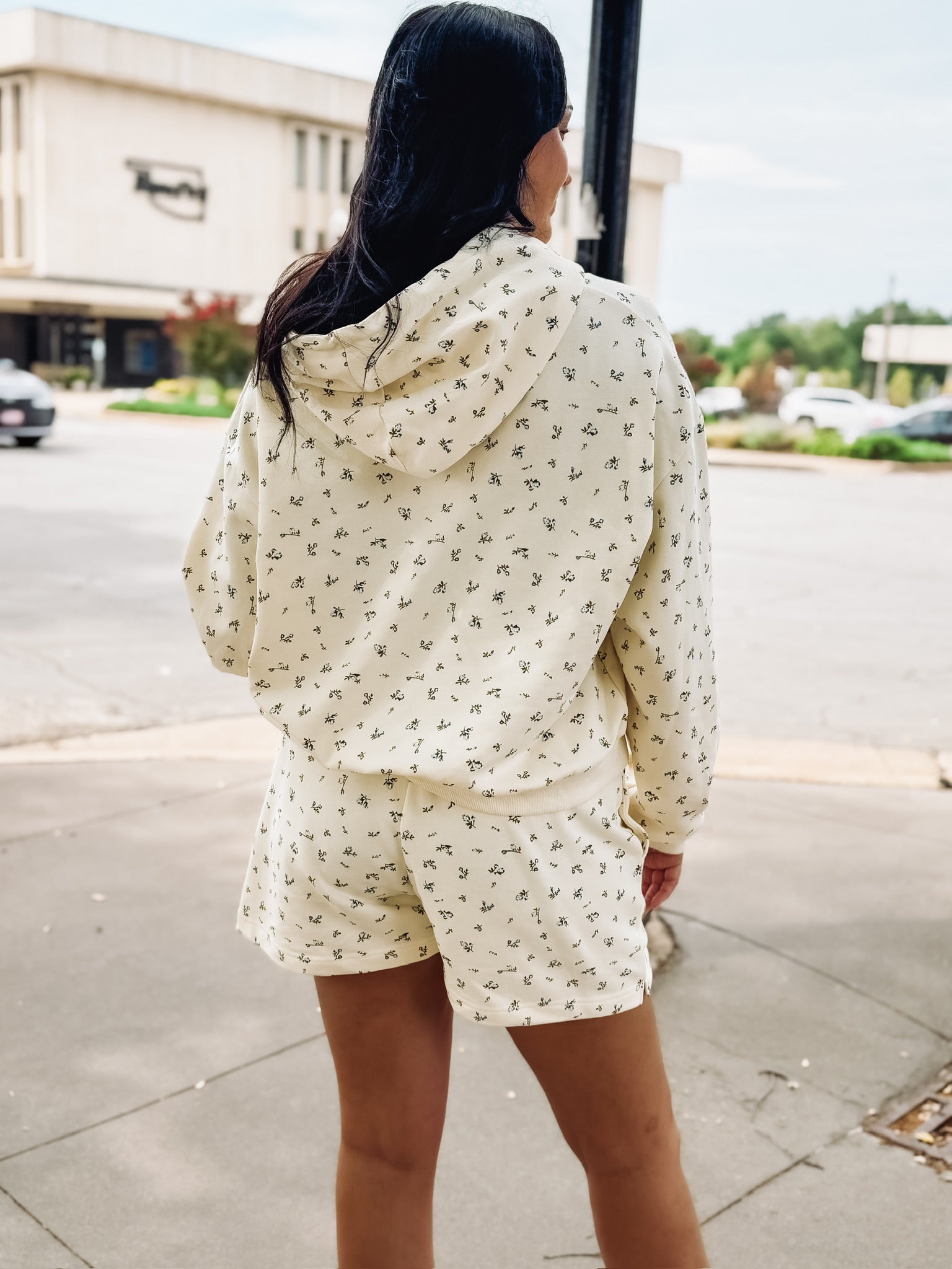Dainty blue floral  french terry hoodie and short set 