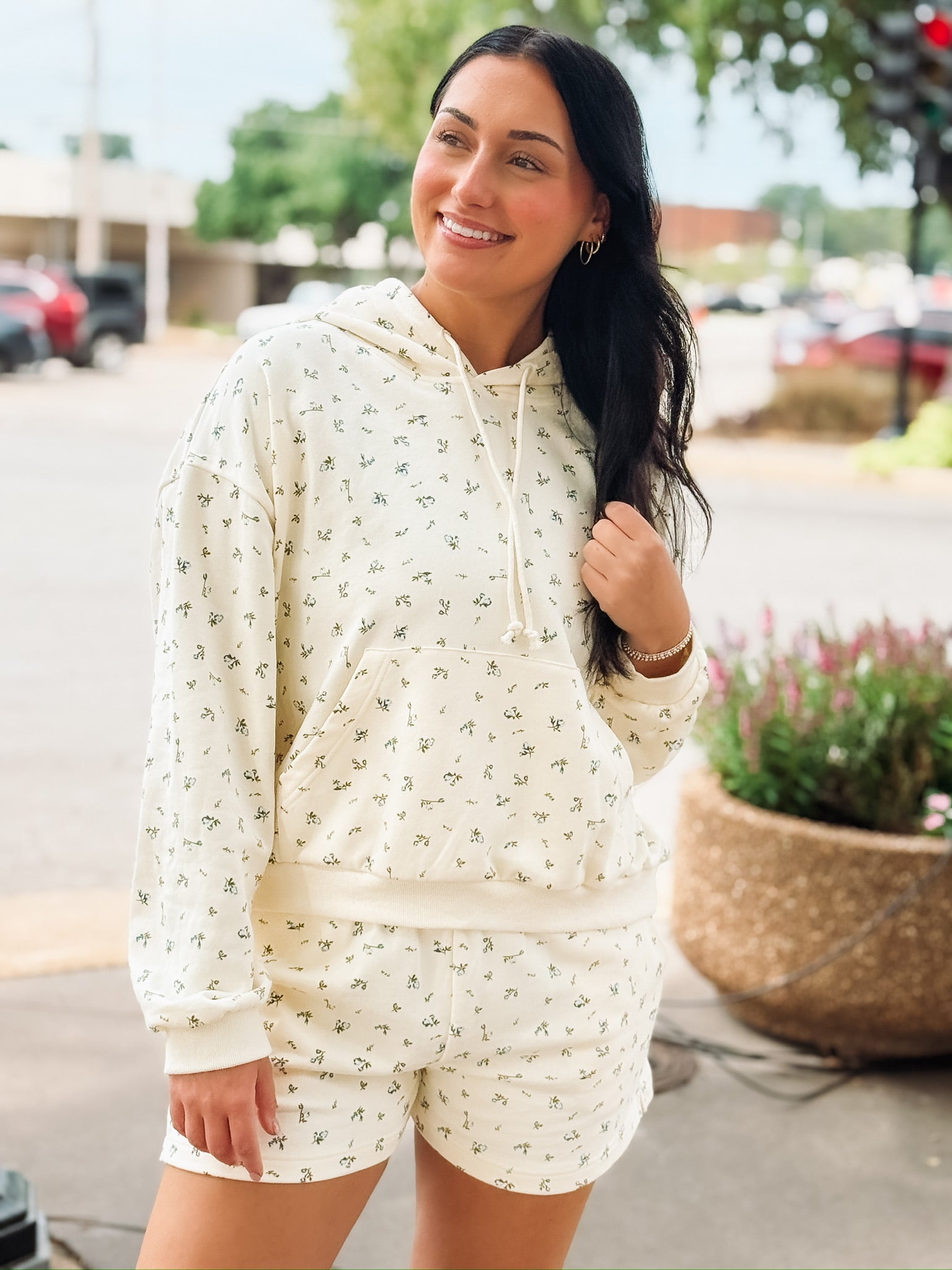 Dainty blue floral  french terry hoodie and short set 