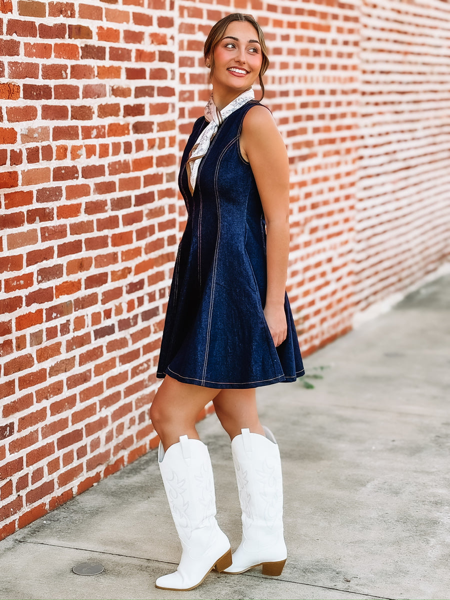 Dark blue denim sleeveless dress with seaming