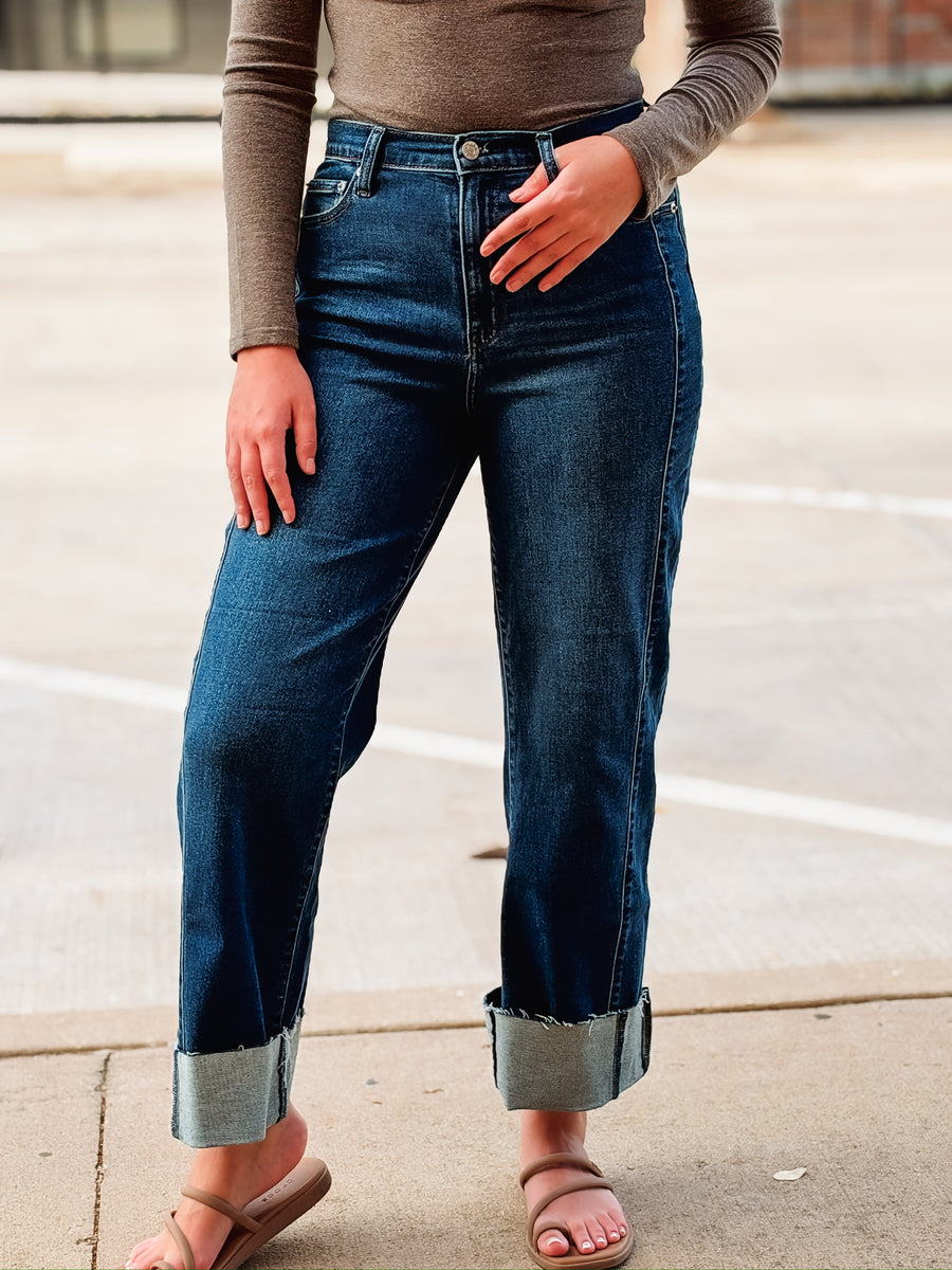Dark wash cropped jeans with cuff