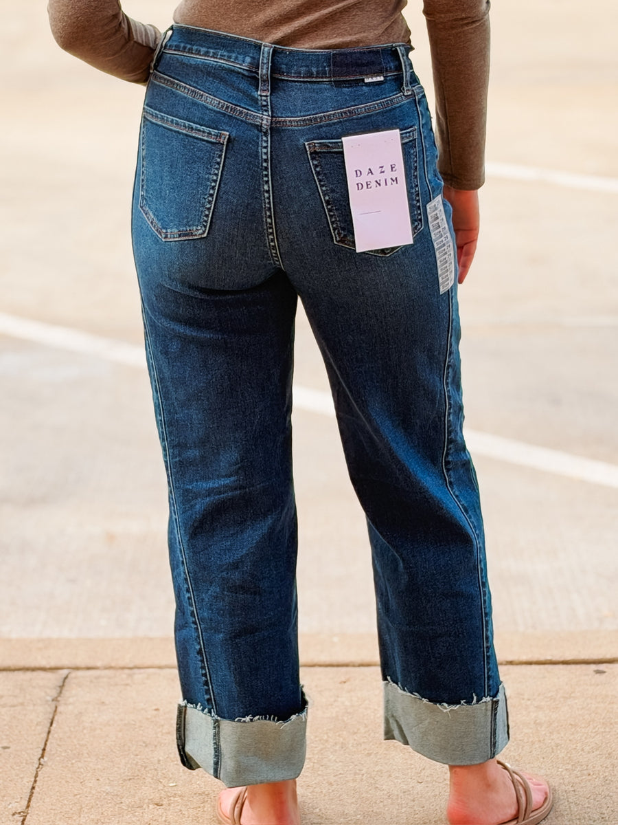 Dark wash cropped jeans with cuff and side seaming details 