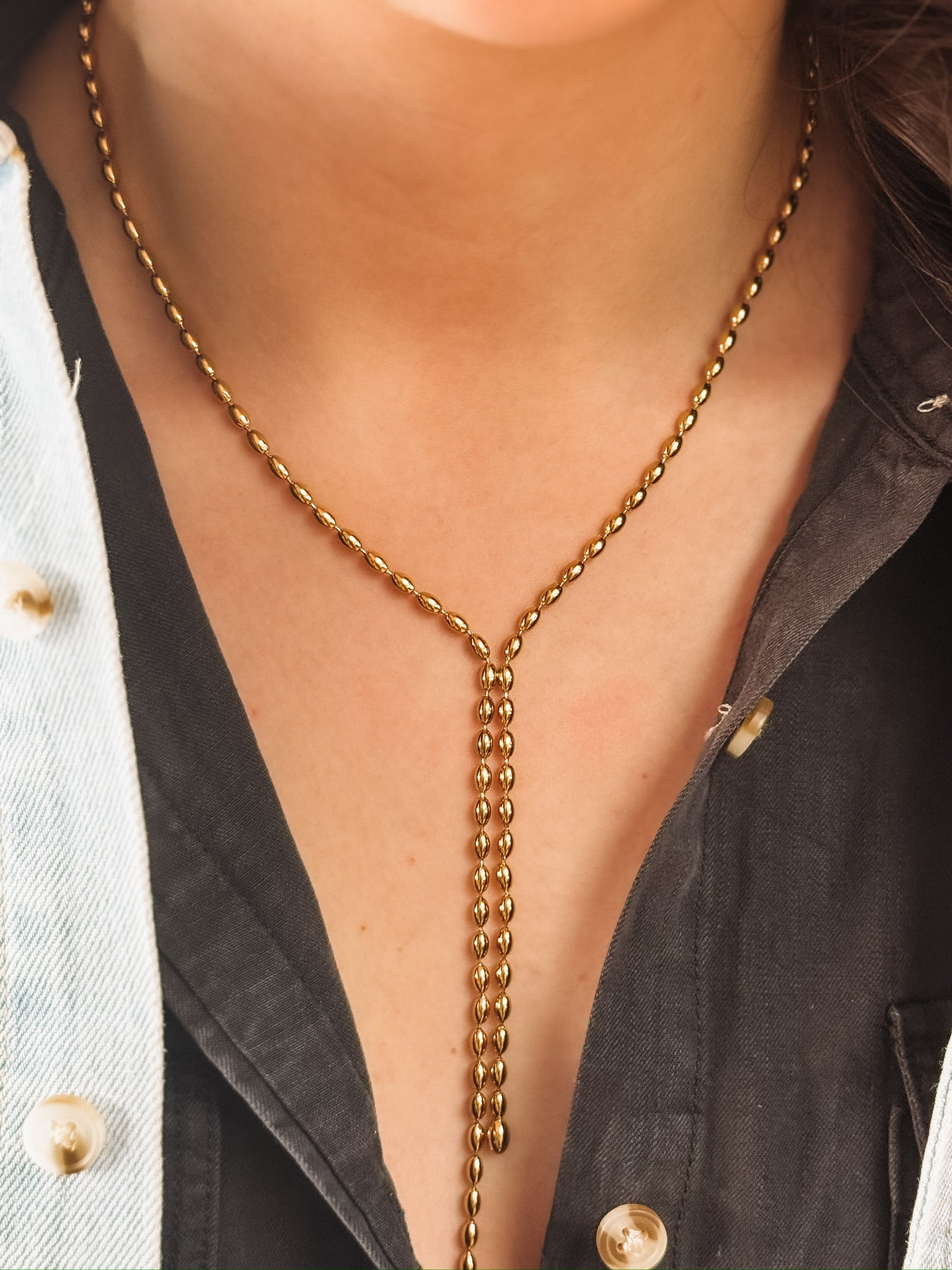 Faux lariat beaded  gold necklace 