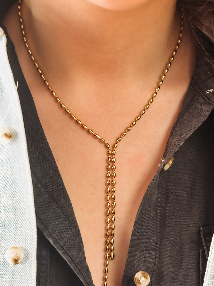 Faux lariat beaded  gold necklace 