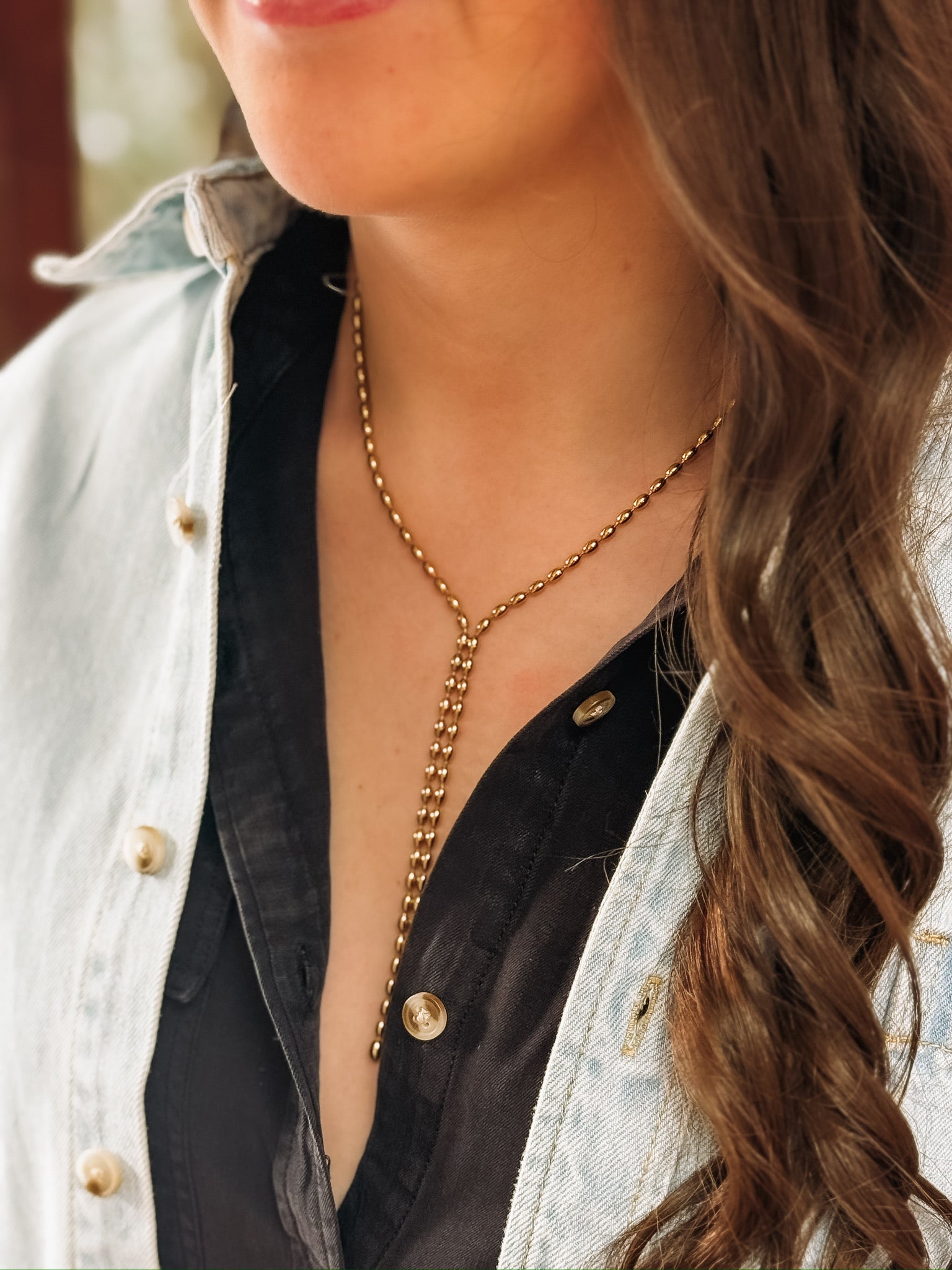 Faux lariat beaded  gold necklace 
