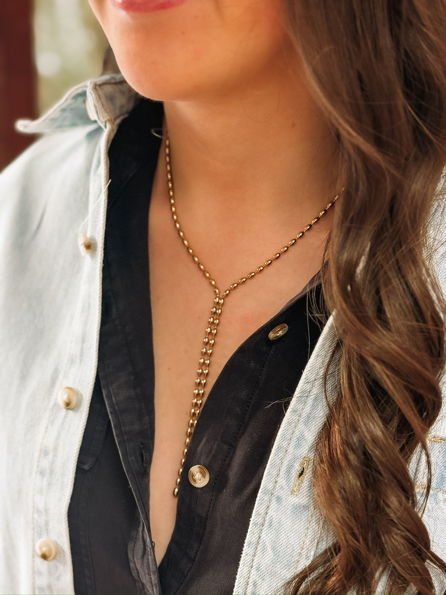 Faux lariat beaded  gold necklace 