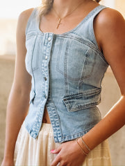 Fitted stretchy light wash denim vest top.