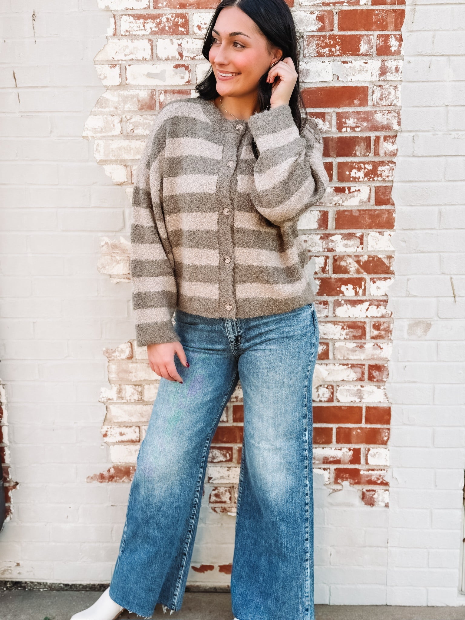 Fuzzy brown and mocha horizontal long sleeve striped cardigan with a button up front