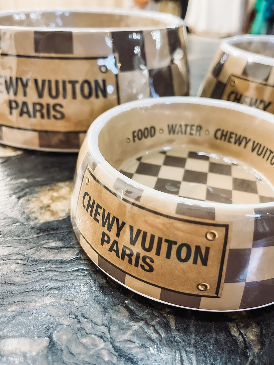 Checkered Chewy Vuiton Dog Bowl Set