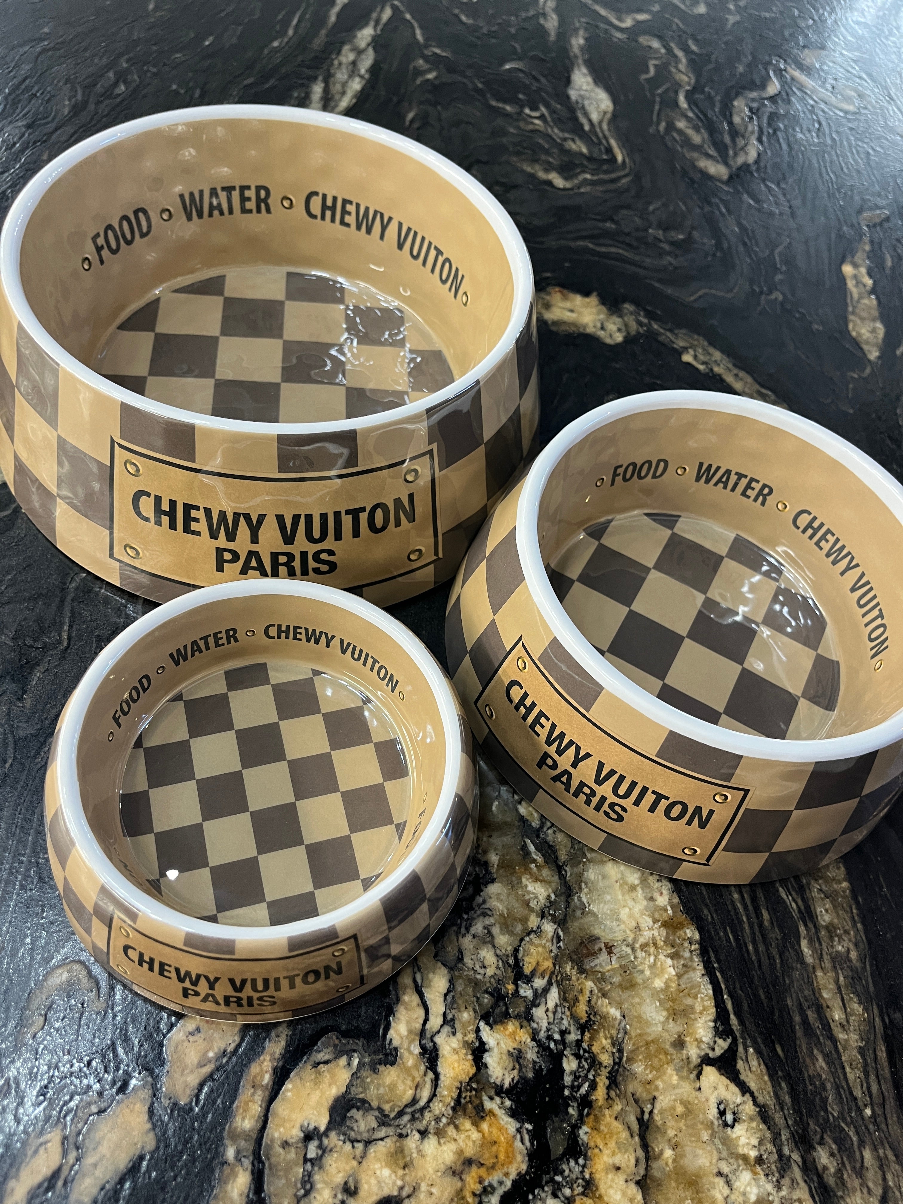 Checkered Chewy Vuiton Dog Bowl Set