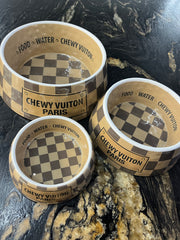 Checkered Chewy Vuiton Dog Bowl Set