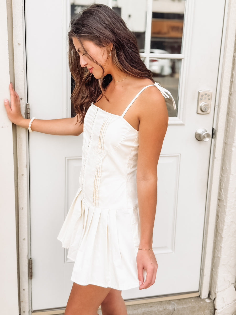 Cream Shoulder Tie Mini Dress
