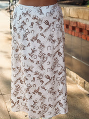 Western Cowboy Print Satin Midi Skirt