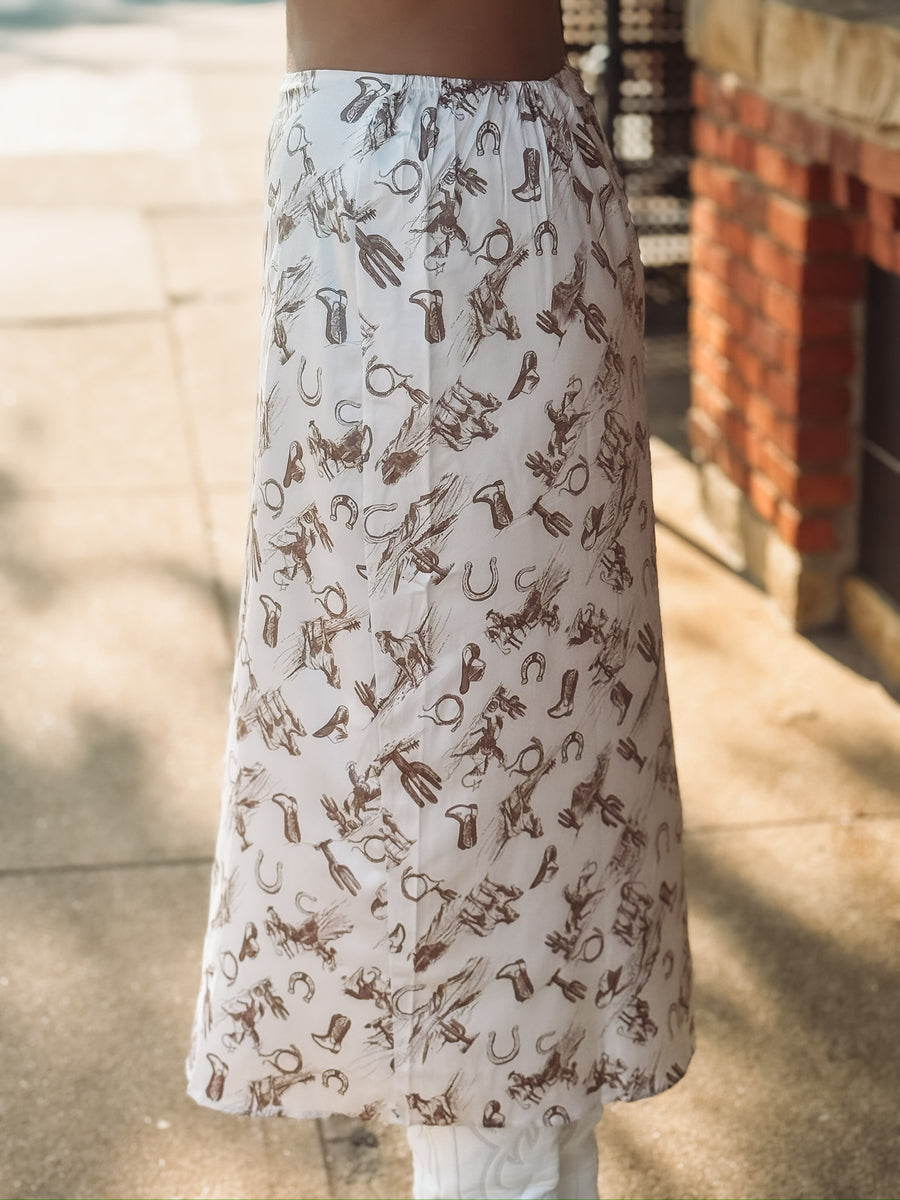 Western Cowboy Print Satin Midi Skirt