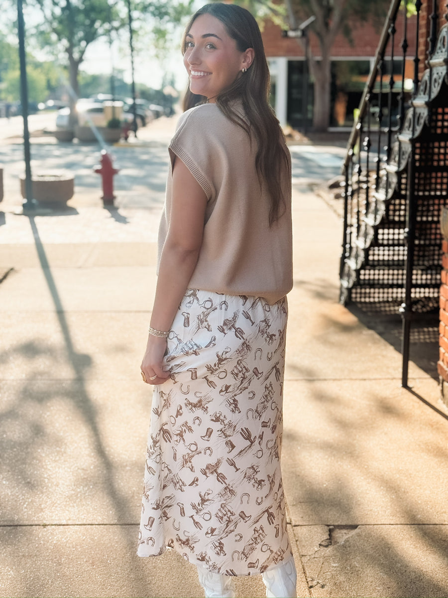 Western Cowboy Print Satin Midi Skirt