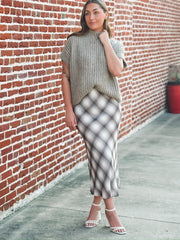 Taupe And Cream Plaid Midi Skirt