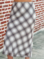 Taupe And Cream Plaid Midi Skirt