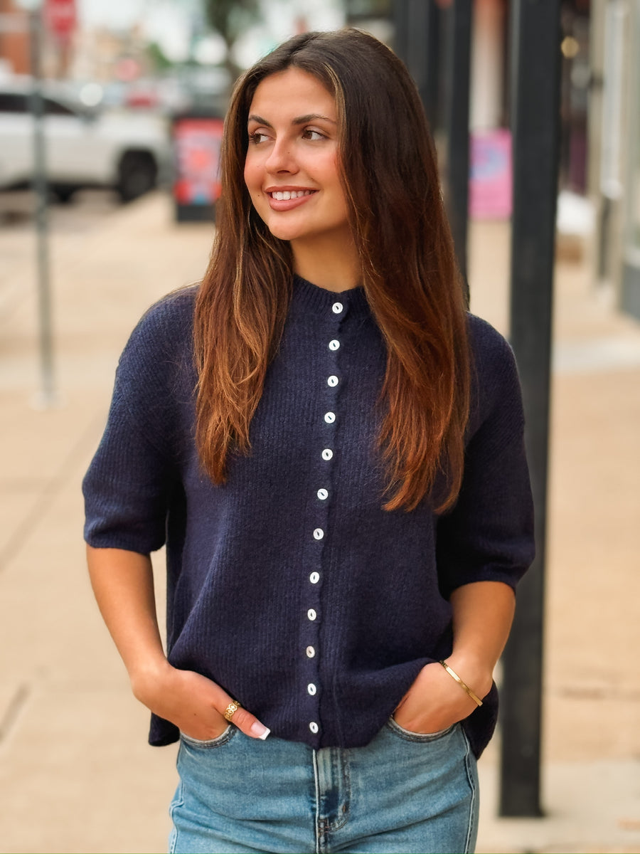 Navy Short Sleeve Button Up Cardigan