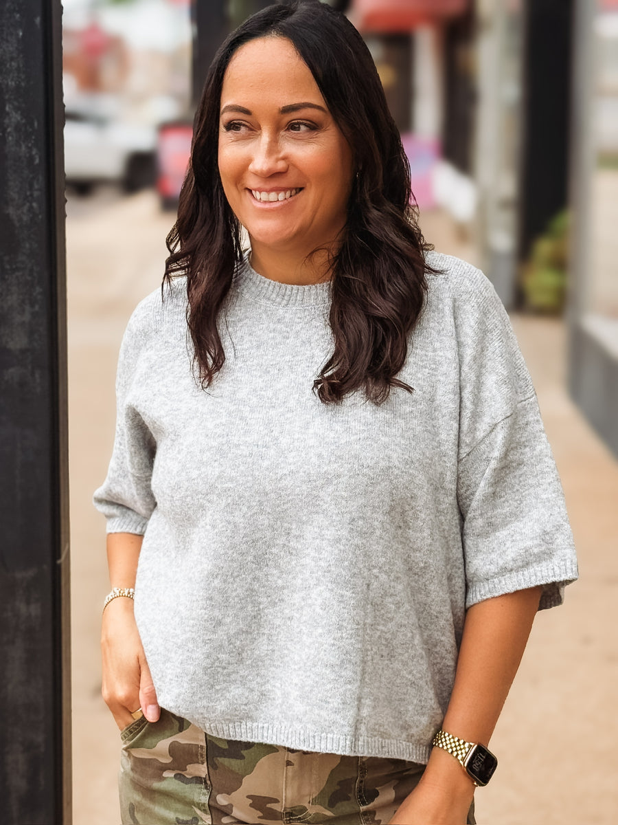 Grey Short Sleeve Knit Sweater