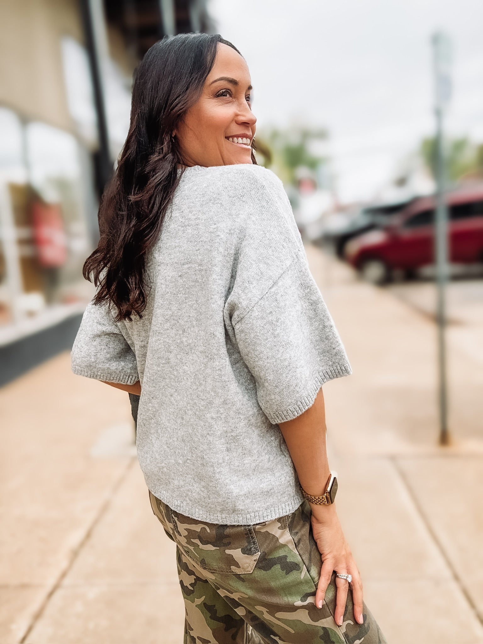 Grey Short Sleeve Knit Sweater