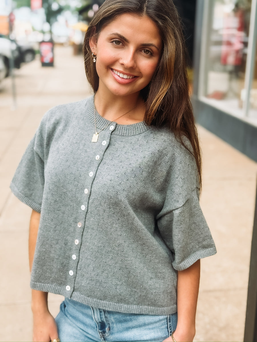 Grey Eyelet Short Sleeve Cardigan