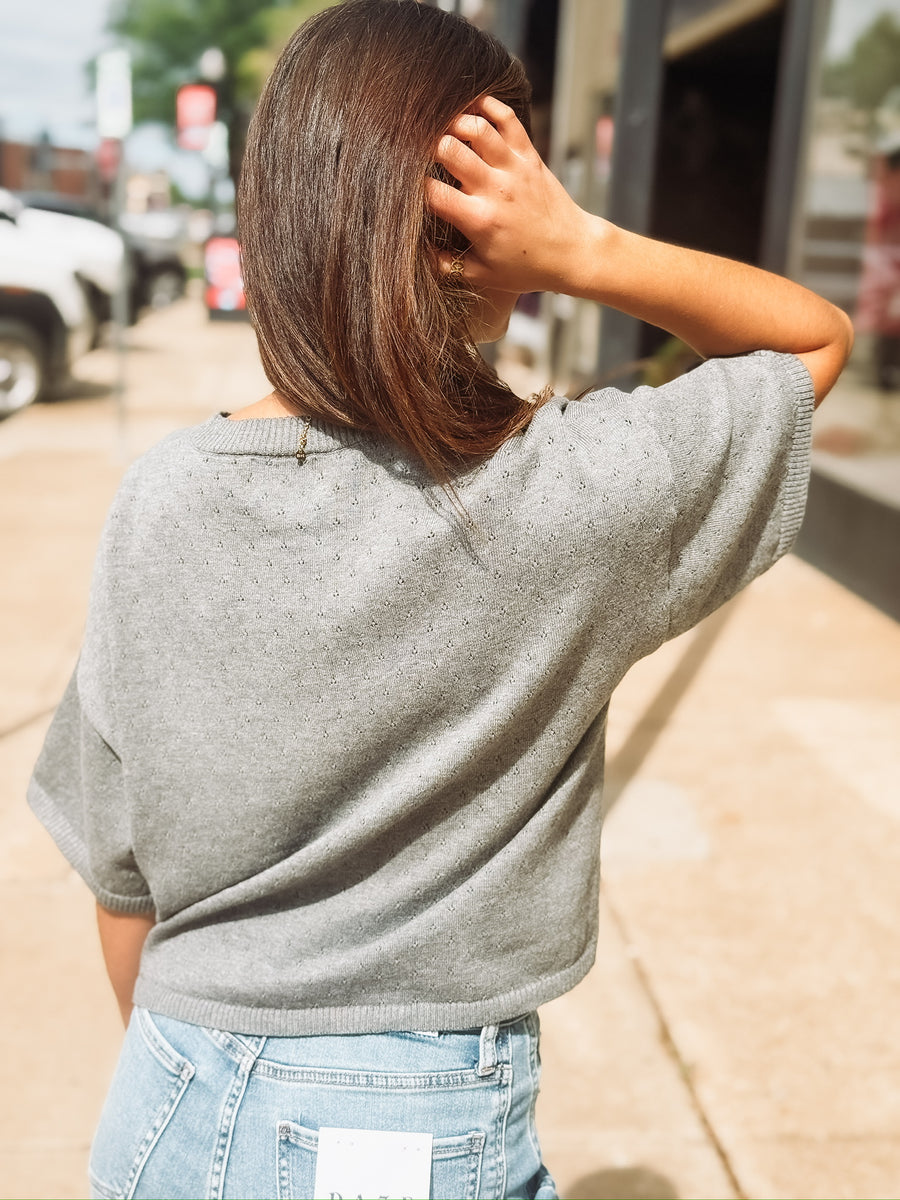 Grey Eyelet Short Sleeve Cardigan