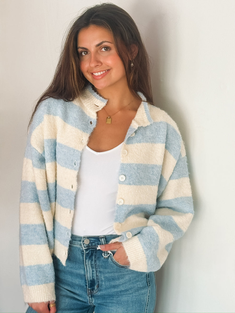 Mockneck Blue Striped Cardigan
