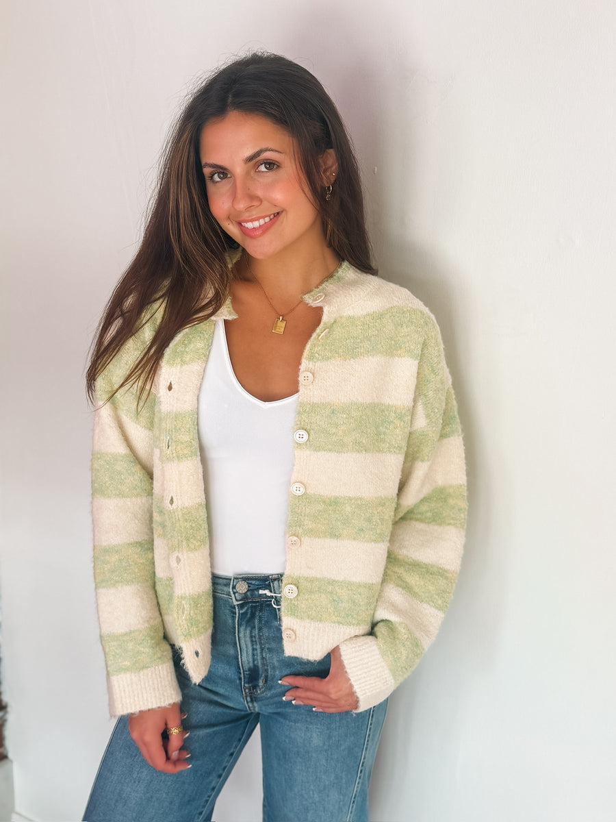 Mockneck Green Striped Cardigan