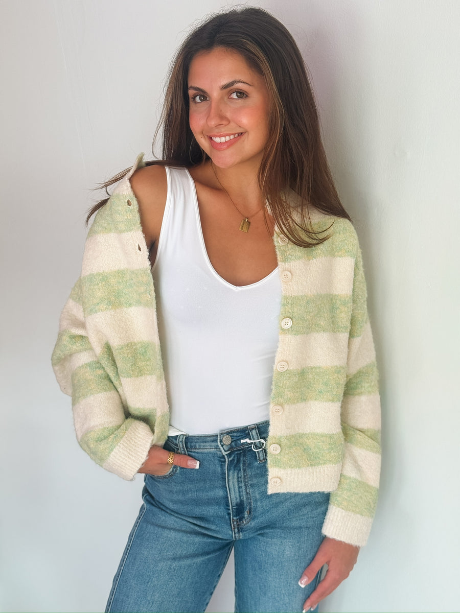 Mockneck Green Striped Cardigan