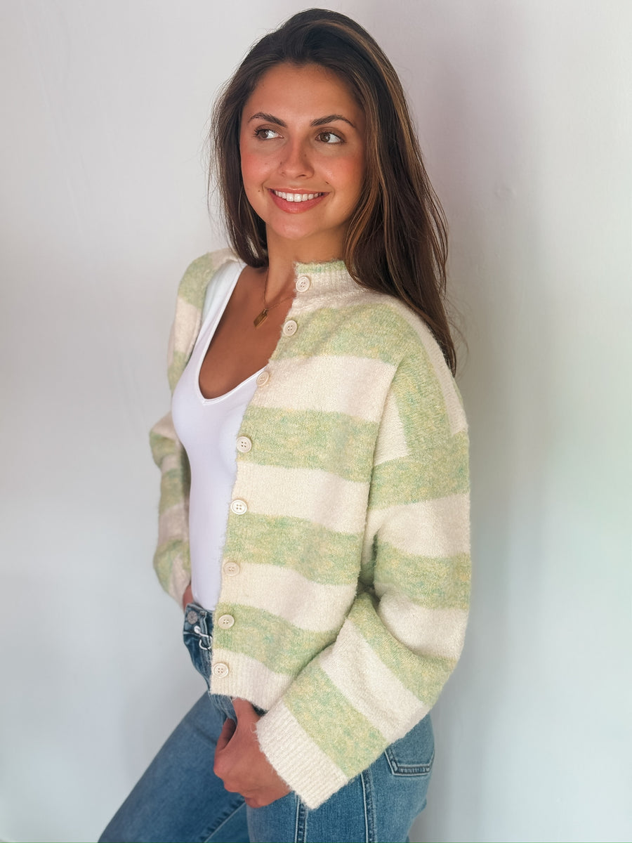 Mockneck Green Striped Cardigan