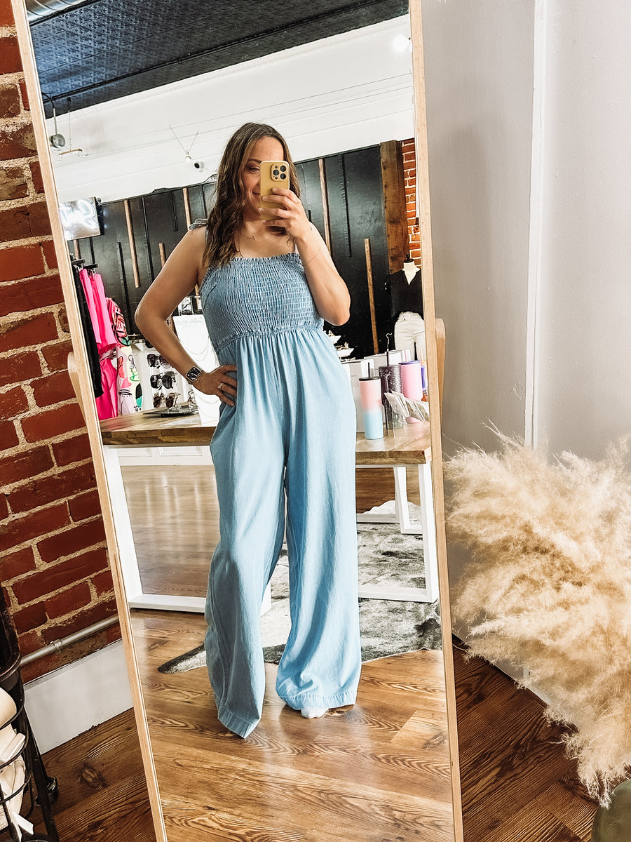 Tie-Shoulder Denim Jumpsuit