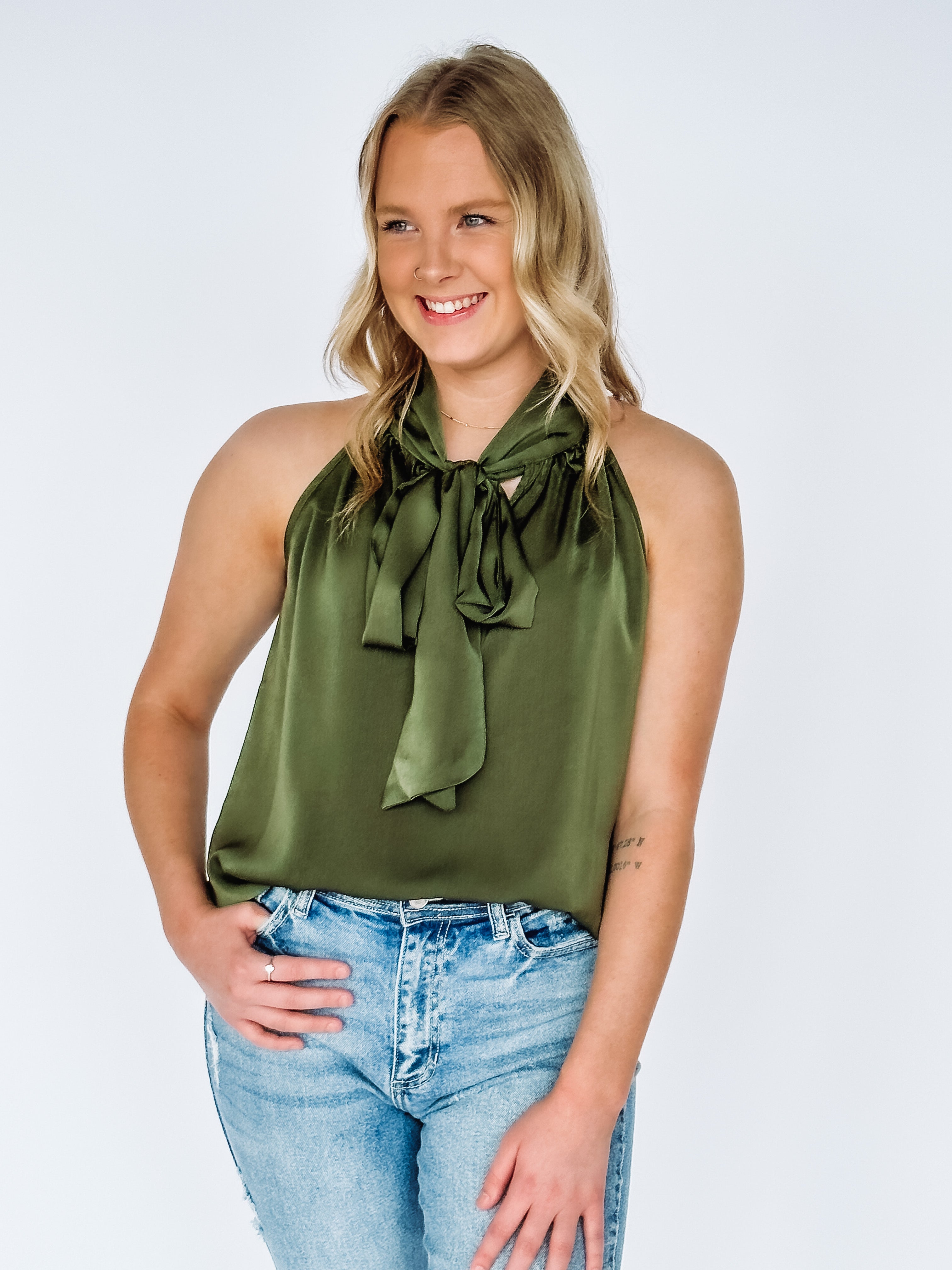 olive satin tank blouse