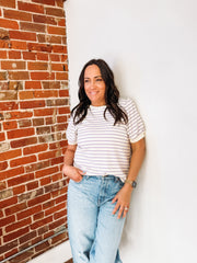 Lavender and cream striped puff sleeve short sleeve top.