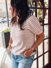 Lavender and cream striped puff sleeve short sleeve top.