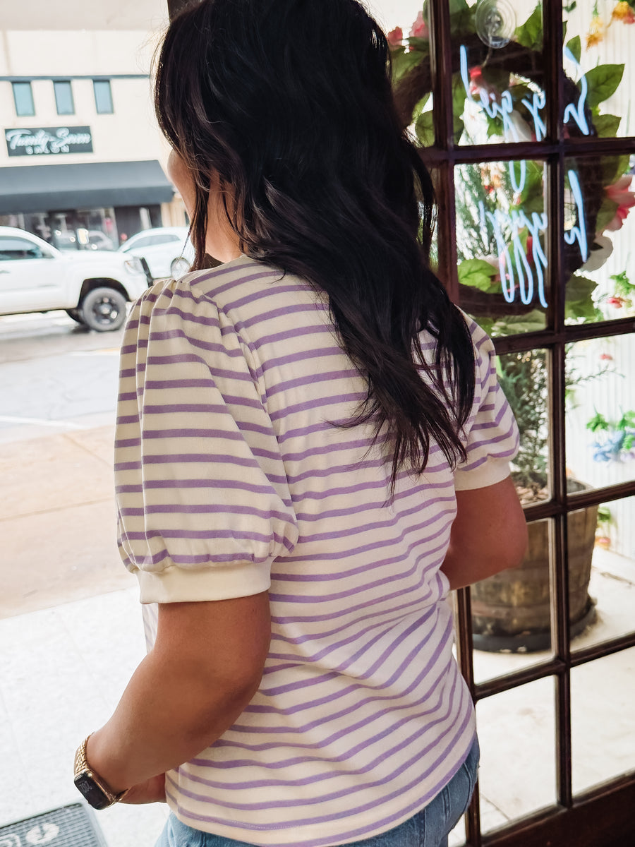 Lavender and cream striped puff sleeve short sleeve top.