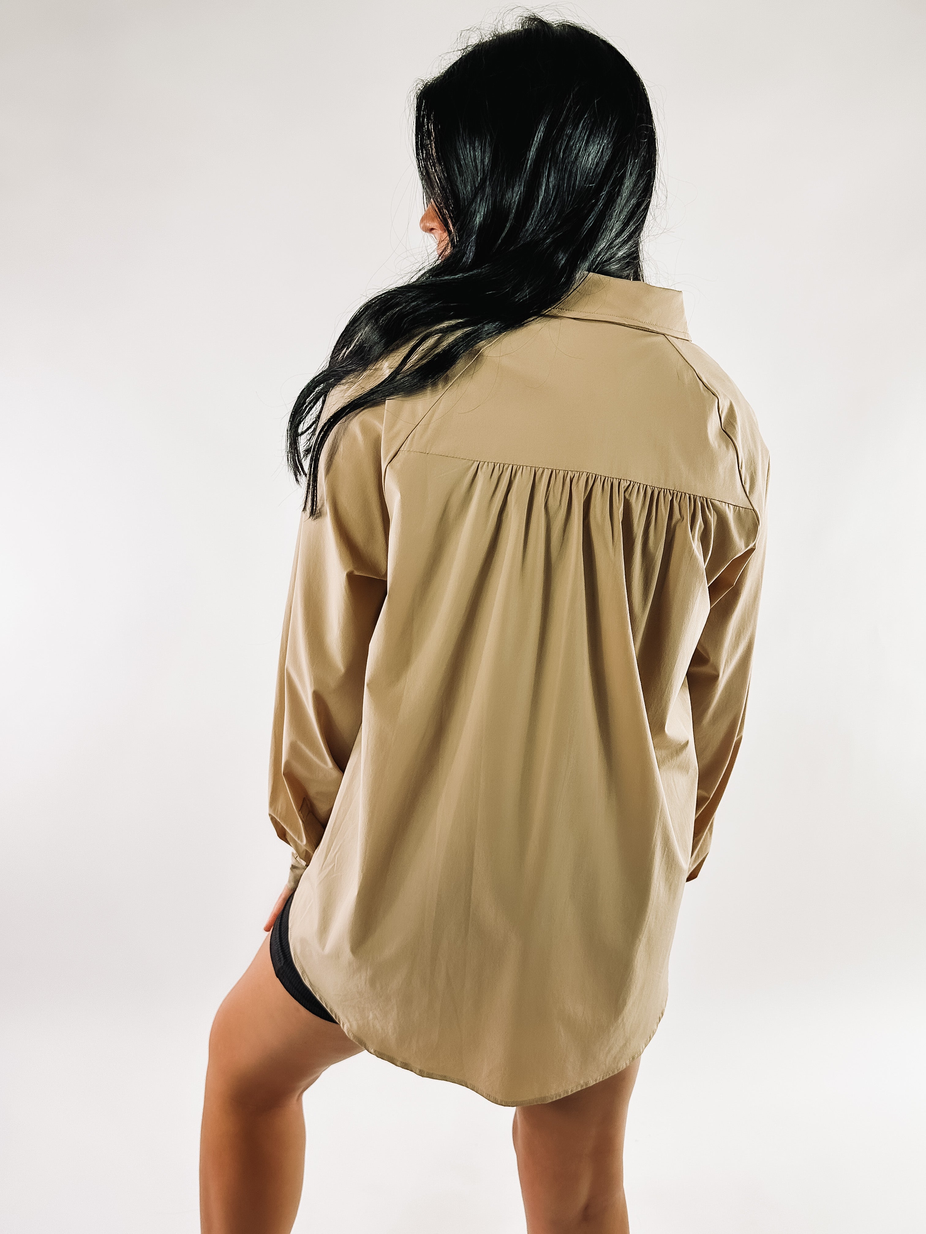 Taupe colored button down top