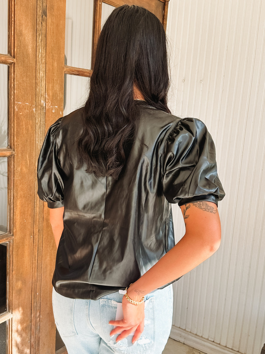 Puff sleeve faux leather v-neck top