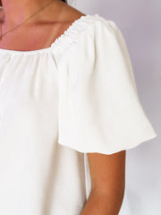 Short Sleeve Ivory Square Neck Puff Sleeve Blouse.