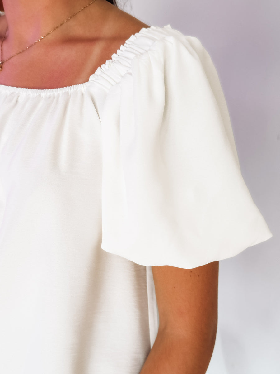Short Sleeve Ivory Square Neck Puff Sleeve Blouse.