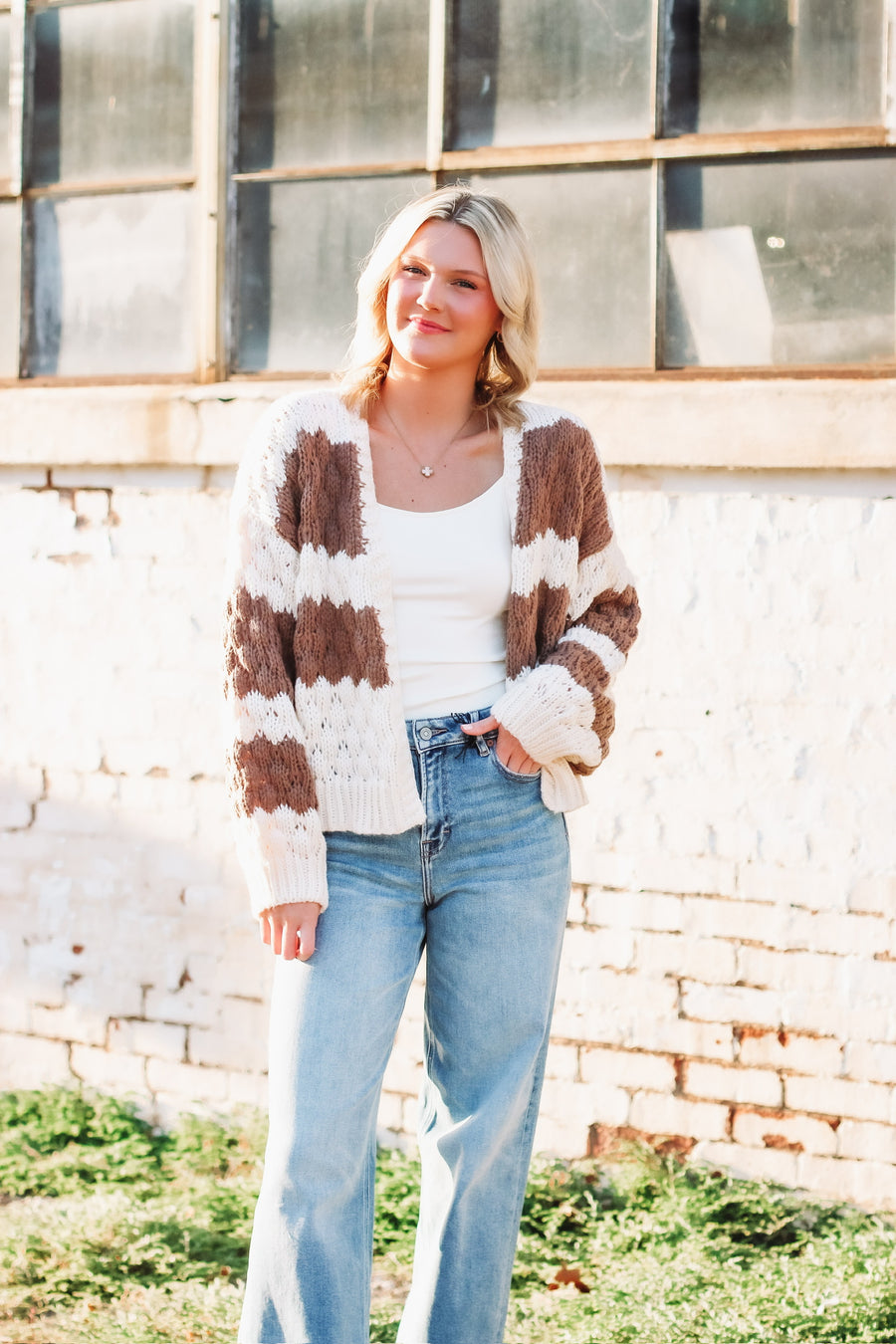Brown and Cream knitted open front cardigan.