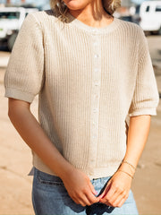 Knitted taupe half sleeve sweater with. a full button front and a crew neckline