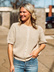 Knitted taupe half sleeve sweater with. a full button front and a crew neckline