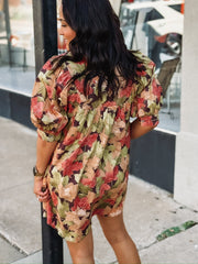 Leaf printed floral short sleeve v neck  mini dress.