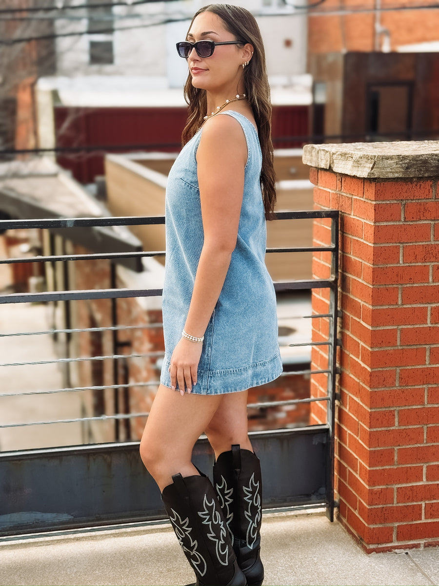 denim a-line sleeveless mini dress Denim A-Line Sleeveless Mini Dress in Ladera Wash